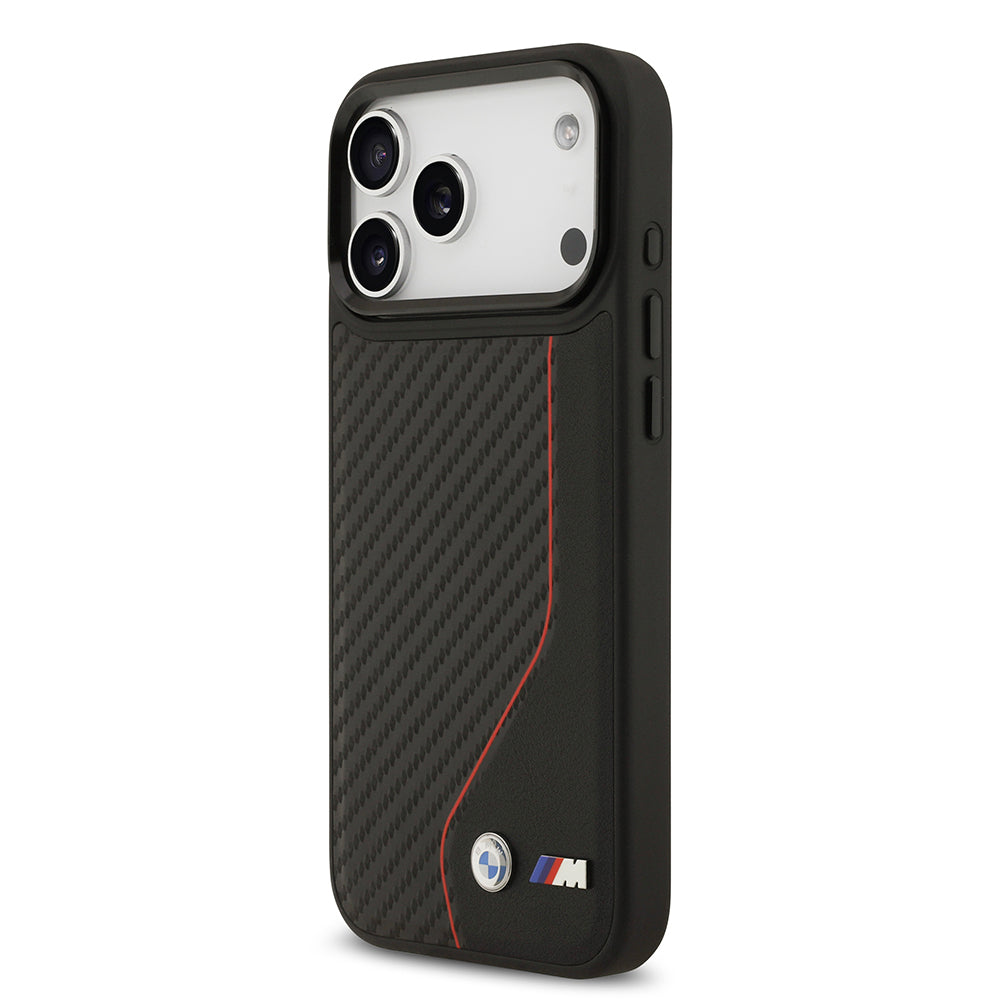 Apple iPhone 17 Pro Max Kılıf BMW Orjinal Lisanslı M-safe Şarj Özellikli Metal BMW ve M Logolu PU Karbon Tasarımlı Kapak Kırmızı