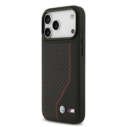 Apple iPhone 17 Pro Max Kılıf BMW Orjinal Lisanslı M-safe Şarj Özellikli Metal BMW ve M Logolu PU Karbon Tasarımlı Kapak Kırmızı