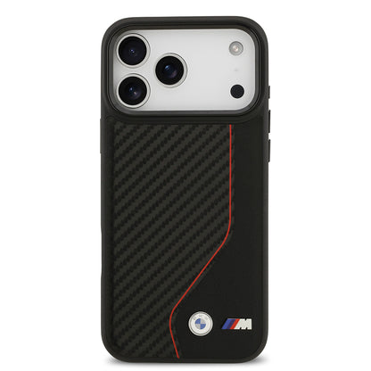Apple iPhone 17 Pro Max Kılıf BMW Orjinal Lisanslı M-safe Şarj Özellikli Metal BMW ve M Logolu PU Karbon Tasarımlı Kapak Kırmızı