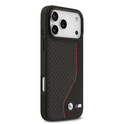 Apple iPhone 17 Pro Max Kılıf BMW Orjinal Lisanslı M-safe Şarj Özellikli Metal BMW ve M Logolu PU Karbon Tasarımlı Kapak Siyah