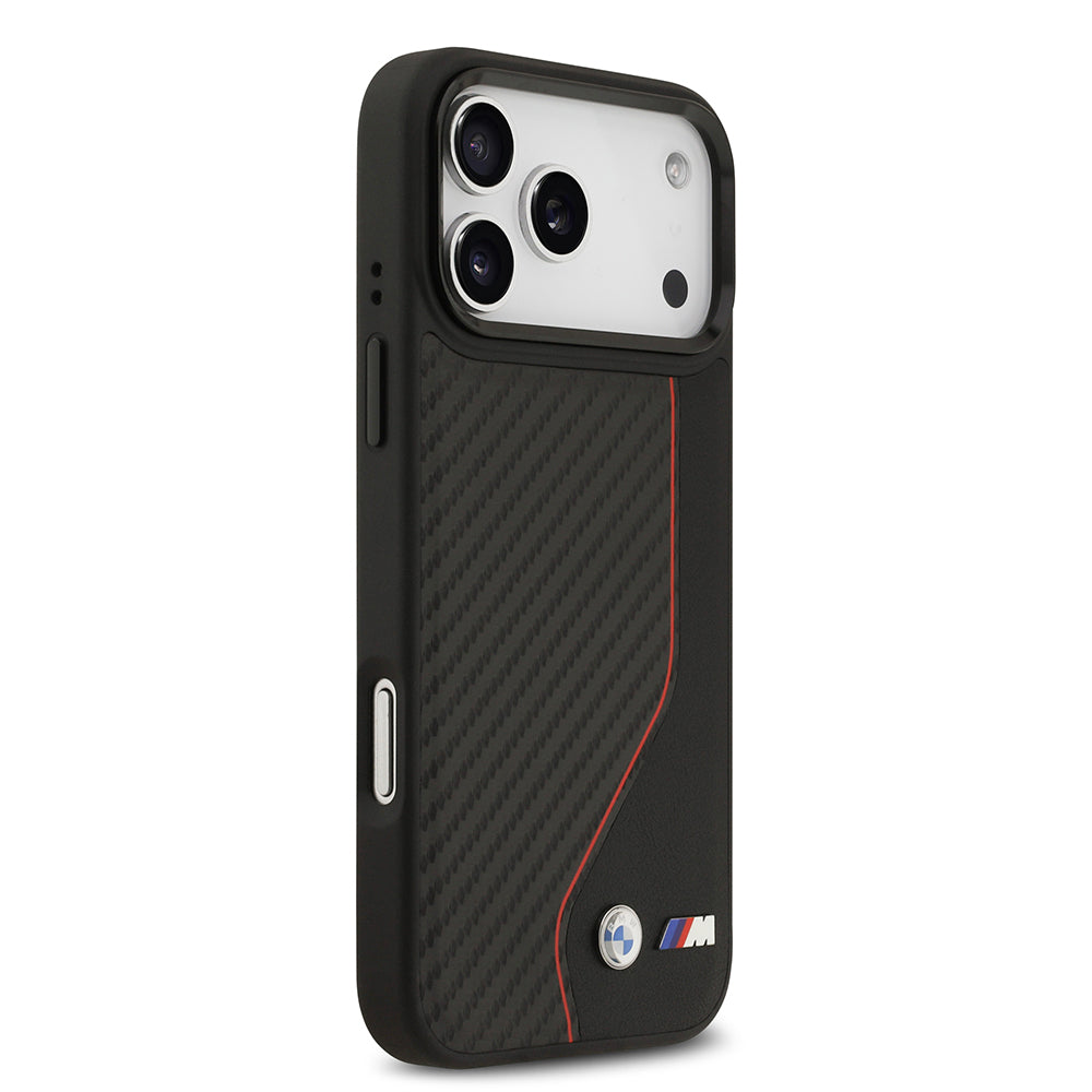Apple iPhone 17 Pro Max Kılıf BMW Orjinal Lisanslı M-safe Şarj Özellikli Metal BMW ve M Logolu PU Karbon Tasarımlı Kapak Kırmızı