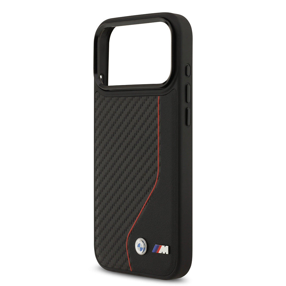 Apple iPhone 17 Pro Max Kılıf BMW Orjinal Lisanslı M-safe Şarj Özellikli Metal BMW ve M Logolu PU Karbon Tasarımlı Kapak Kırmızı
