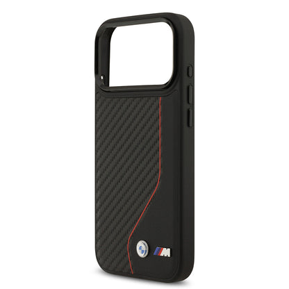 Apple iPhone 17 Pro Max Kılıf BMW Orjinal Lisanslı M-safe Şarj Özellikli Metal BMW ve M Logolu PU Karbon Tasarımlı Kapak Kırmızı