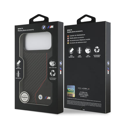 Apple iPhone 17 Pro Max Kılıf BMW Orjinal Lisanslı M-safe Şarj Özellikli Metal BMW ve M Logolu PU Karbon Tasarımlı Kapak Siyah