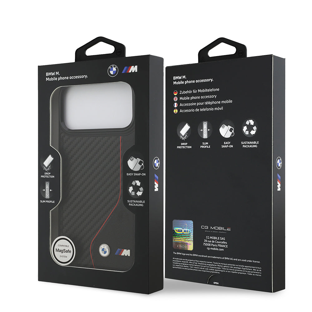 Apple iPhone 17 Pro Max Kılıf BMW Orjinal Lisanslı M-safe Şarj Özellikli Metal BMW ve M Logolu PU Karbon Tasarımlı Kapak Kırmızı