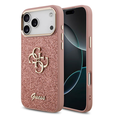 Apple iPhone 17 Pro Max Case Guess Original Licensed 4G Large Metal Camera Frame and Logo Glitter Cover Gold