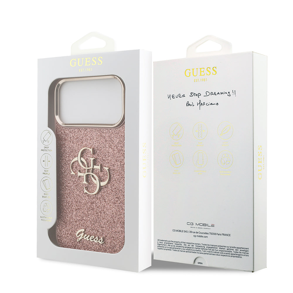 Apple iPhone 17 Pro Max Kılıf Guess Orjinal Lisanslı 4G Büyük Metal Kamera Çerçeveli ve Logolu Glitter Kapak Pembe