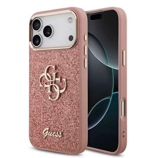 Apple iPhone 17 Pro Max Case Guess Original Licensed 4G Large Metal Camera Frame and Logo Glitter Cover Pink