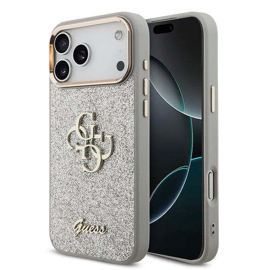 Apple iPhone 17 Pro Max Case Guess Original Licensed 4G Large Metal Camera Frame and Logo Glitter Cover Gray