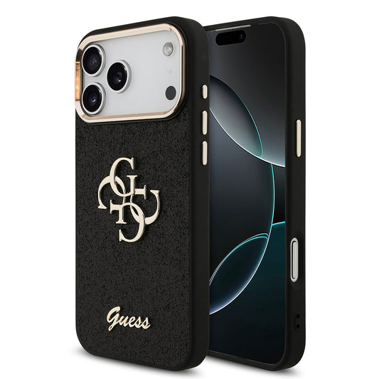 Apple iPhone 17 Pro Max Case Guess Original Licensed 4G Large Metal Camera Frame and Logo Glitter Cover Black