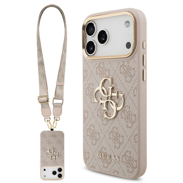 Apple iPhone 17 Pro Max Kılıf Guess Orjinal Lisanslı 4G Büyük Metal Logolu Kalın Askılı Kapak Pembe