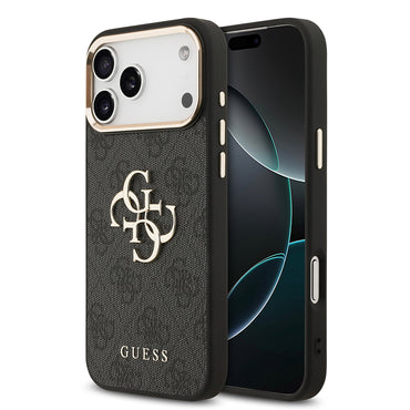 Apple iPhone 17 Pro Max Kılıf Guess Orjinal Lisanslı Gold Metal Kamera Çerçeveli 4G Desenli Metal Büyük 4G ve Yazı Logolu Kapak Kahverengi