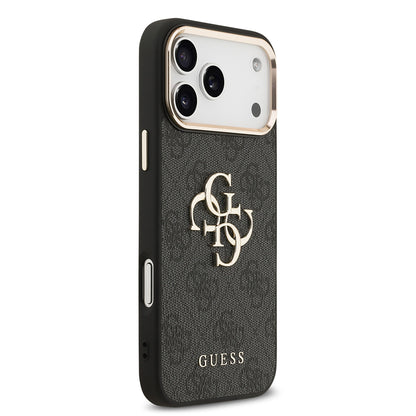 Apple iPhone 17 Pro Max Kılıf Guess Orjinal Lisanslı Gold Metal Kamera Çerçeveli 4G Desenli Metal Büyük 4G ve Yazı Logolu Kapak Kahverengi
