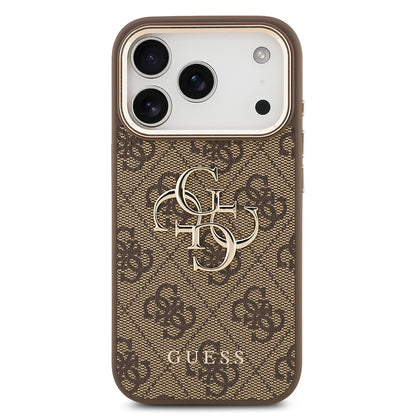 Apple iPhone 17 Pro Max Kılıf Guess Orjinal Lisanslı Gold Metal Kamera Çerçeveli 4G Desenli Metal Büyük 4G ve Yazı Logolu Kapak Kahverengi
