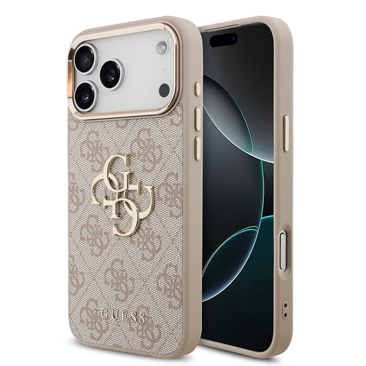 Apple iPhone 17 Pro Max Case Guess Original Licensed Gold Metal Camera Frame 4G Patterned Metal Big 4G and Text Logo Cover Pink