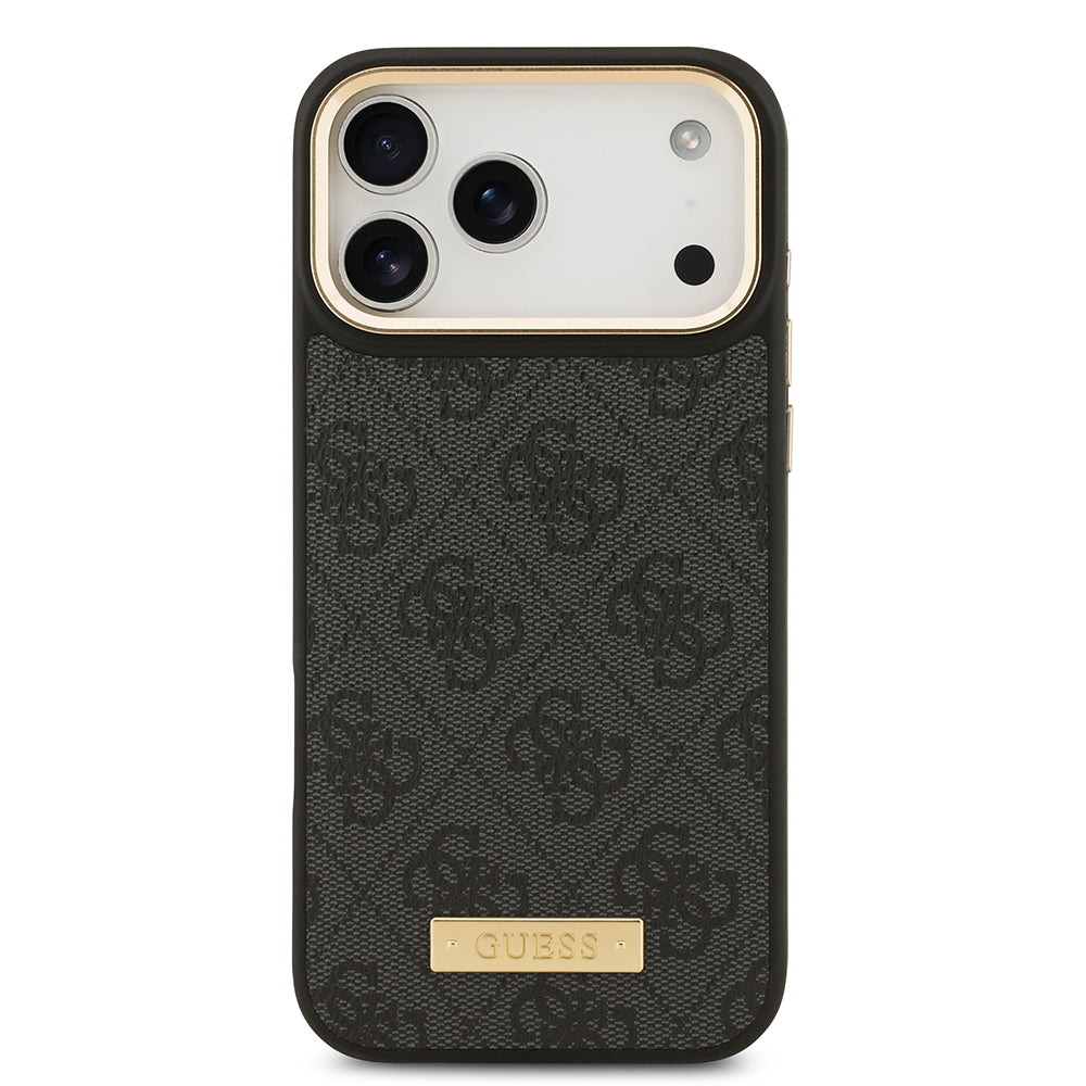 Apple iPhone 17 Pro Max Kılıf Guess Orjinal Lisanslı M-safe Şarj Özellikli 4G Desenli PU Metal Plaka Klasik Logolu Kapak Siyah