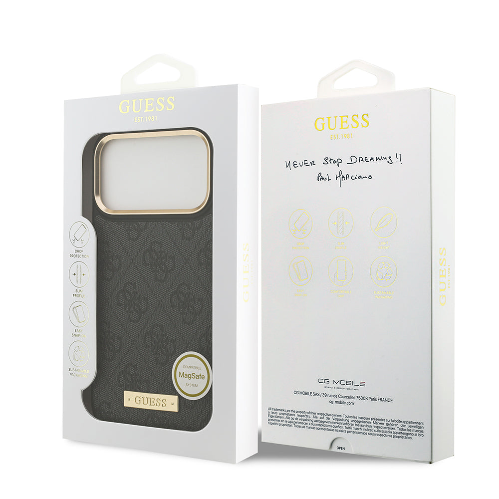 Apple iPhone 17 Pro Max Kılıf Guess Orjinal Lisanslı M-safe Şarj Özellikli 4G Desenli PU Metal Plaka Klasik Logolu Kapak Pembe