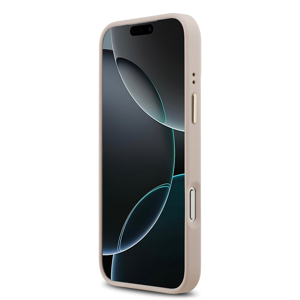 Apple iPhone 17 Pro Max Kılıf Guess Orjinal Lisanslı M-safe Şarj Özellikli Gold Metal Kamera Çerçeveli PU Deri 4G Desenli Yazı Logolu Kapak Siyah