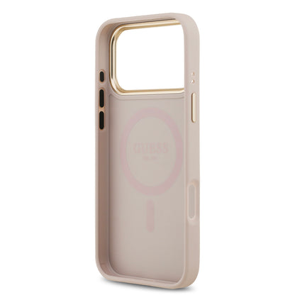 Apple iPhone 17 Pro Max Kılıf Guess Orjinal Lisanslı M-safe Şarj Özellikli Gold Metal Kamera Çerçeveli PU Deri 4G Desenli Yazı Logolu Kapak Siyah