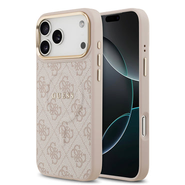 Apple iPhone 17 Pro Max Kılıf Guess Orjinal Lisanslı M-safe Şarj Özellikli Gold Metal Kamera Çerçeveli PU Deri 4G Desenli Yazı Logolu Kapak Siyah