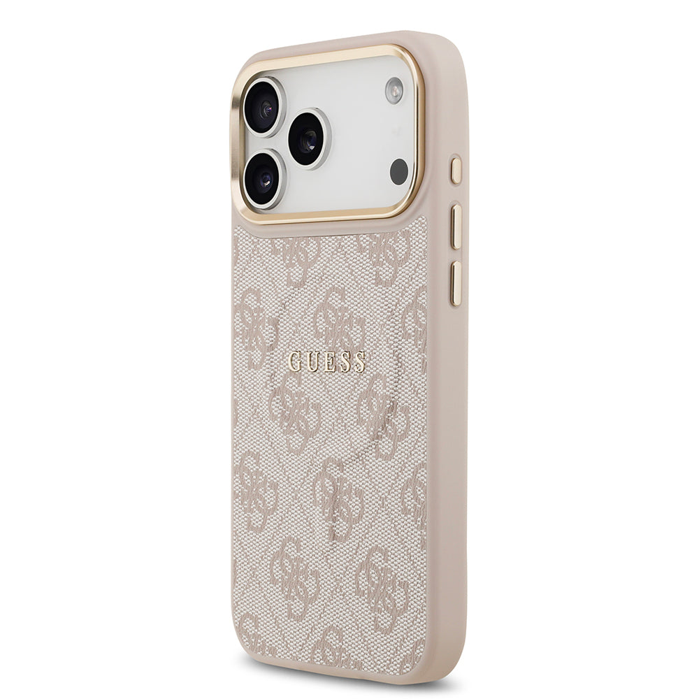Apple iPhone 17 Pro Max Kılıf Guess Orjinal Lisanslı M-safe Şarj Özellikli Gold Metal Kamera Çerçeveli PU Deri 4G Desenli Yazı Logolu Kapak Siyah