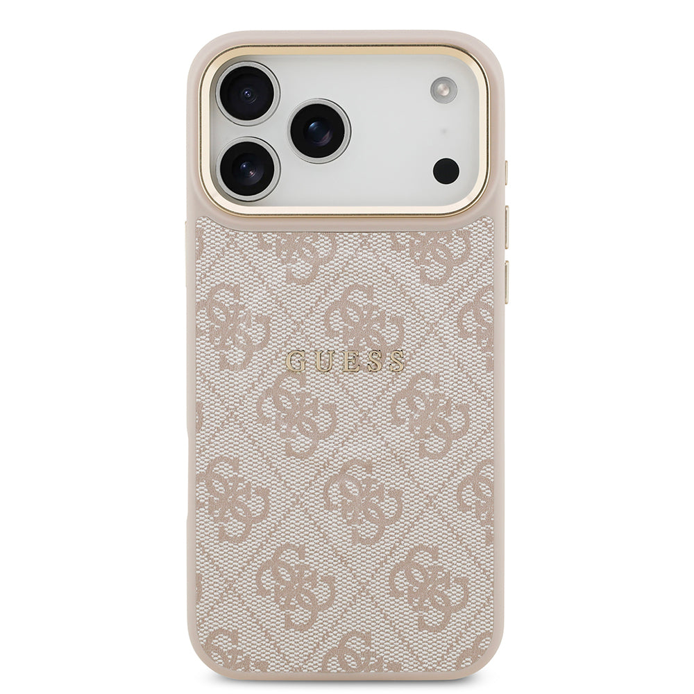 Apple iPhone 17 Pro Max Kılıf Guess Orjinal Lisanslı M-safe Şarj Özellikli Gold Metal Kamera Çerçeveli PU Deri 4G Desenli Yazı Logolu Kapak Siyah