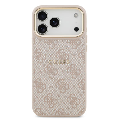 Apple iPhone 17 Pro Max Kılıf Guess Orjinal Lisanslı M-safe Şarj Özellikli Gold Metal Kamera Çerçeveli PU Deri 4G Desenli Yazı Logolu Kapak Siyah