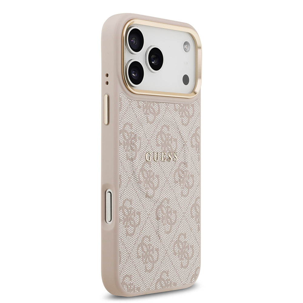 Apple iPhone 17 Pro Max Kılıf Guess Orjinal Lisanslı M-safe Şarj Özellikli Gold Metal Kamera Çerçeveli PU Deri 4G Desenli Yazı Logolu Kapak Siyah