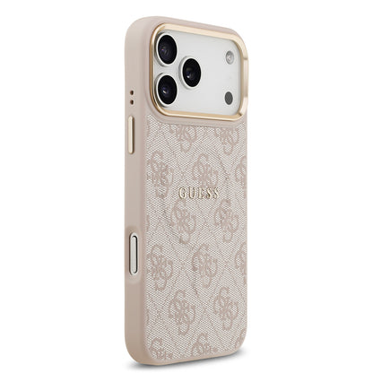 Apple iPhone 17 Pro Max Kılıf Guess Orjinal Lisanslı M-safe Şarj Özellikli Gold Metal Kamera Çerçeveli PU Deri 4G Desenli Yazı Logolu Kapak Siyah