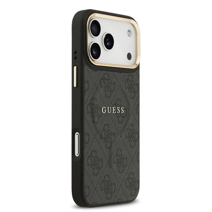 Apple iPhone 17 Pro Max Kılıf Guess Orjinal Lisanslı M-safe Şarj Özellikli Gold Metal Kamera Çerçeveli PU Deri 4G Desenli Yazı Logolu Kapak Siyah