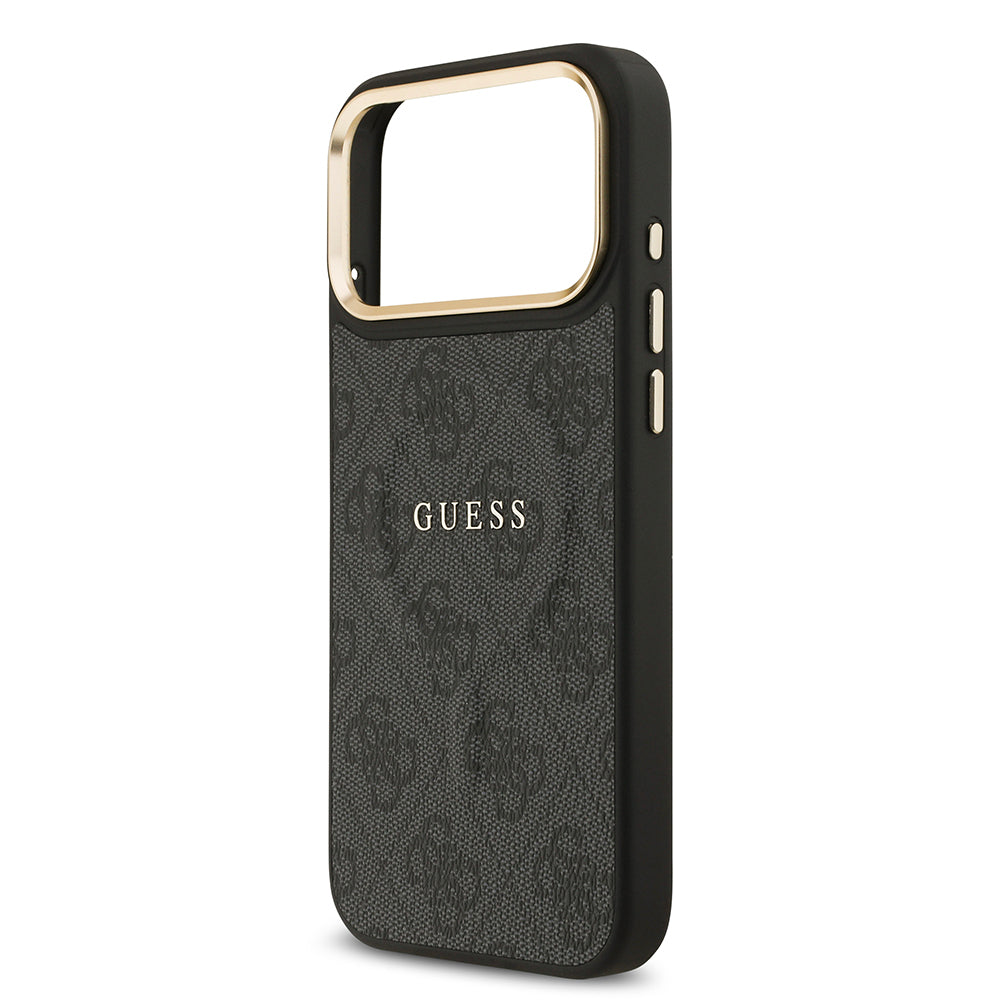 Apple iPhone 17 Pro Max Kılıf Guess Orjinal Lisanslı M-safe Şarj Özellikli Gold Metal Kamera Çerçeveli PU Deri 4G Desenli Yazı Logolu Kapak Siyah