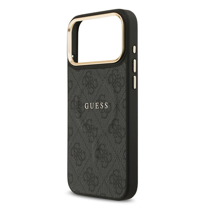 Apple iPhone 17 Pro Max Kılıf Guess Orjinal Lisanslı M-safe Şarj Özellikli Gold Metal Kamera Çerçeveli PU Deri 4G Desenli Yazı Logolu Kapak Siyah
