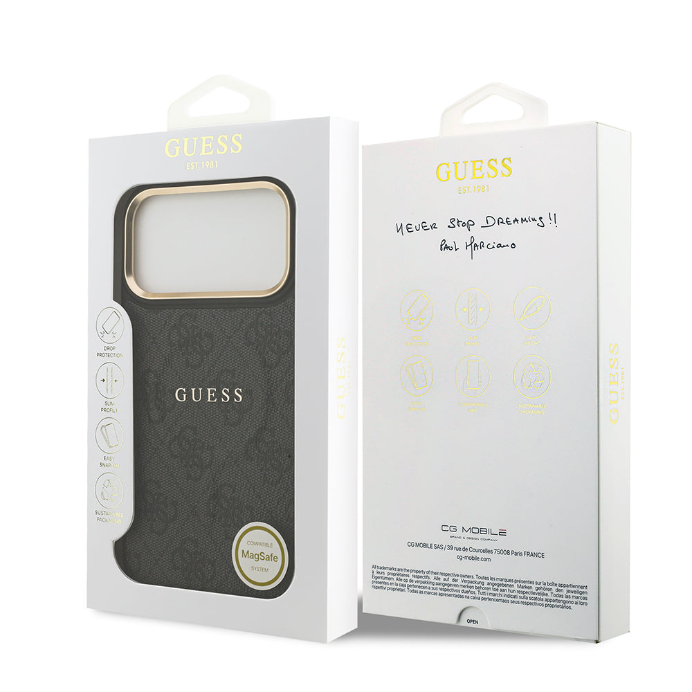 Apple iPhone 17 Pro Max Kılıf Guess Orjinal Lisanslı M-safe Şarj Özellikli Gold Metal Kamera Çerçeveli PU Deri 4G Desenli Yazı Logolu Kapak Siyah