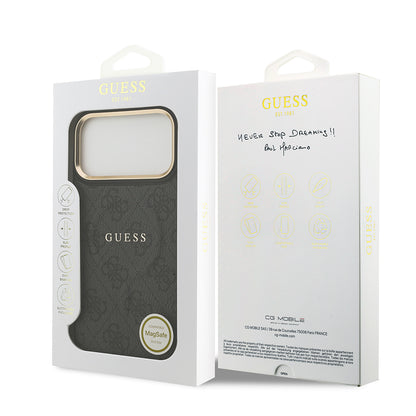 Apple iPhone 17 Pro Max Kılıf Guess Orjinal Lisanslı M-safe Şarj Özellikli Gold Metal Kamera Çerçeveli PU Deri 4G Desenli Yazı Logolu Kapak Siyah