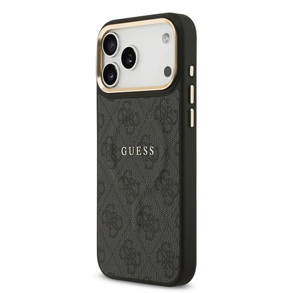 Apple iPhone 17 Pro Max Kılıf Guess Orjinal Lisanslı M-safe Şarj Özellikli Gold Metal Kamera Çerçeveli PU Deri 4G Desenli Yazı Logolu Kapak Siyah