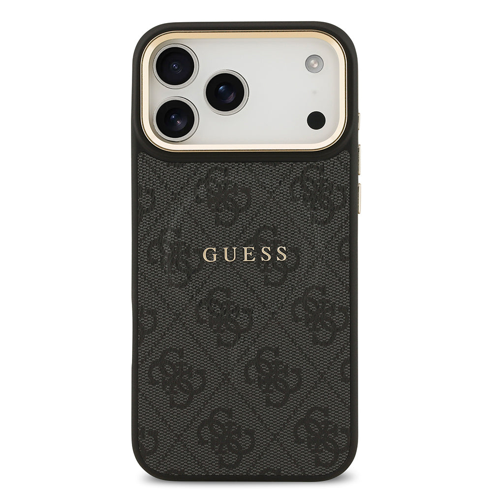 Apple iPhone 17 Pro Max Kılıf Guess Orjinal Lisanslı M-safe Şarj Özellikli Gold Metal Kamera Çerçeveli PU Deri 4G Desenli Yazı Logolu Kapak Siyah