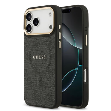 Apple iPhone 17 Pro Max Kılıf Guess Orjinal Lisanslı M-safe Şarj Özellikli Gold Metal Kamera Çerçeveli PU Deri 4G Desenli Yazı Logolu Kapak