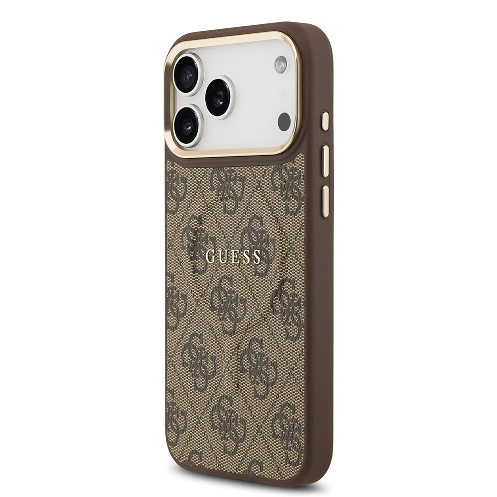 Apple iPhone 17 Pro Max Kılıf Guess Orjinal Lisanslı M-safe Şarj Özellikli Gold Metal Kamera Çerçeveli PU Deri 4G Desenli Yazı Logolu Kapak Siyah