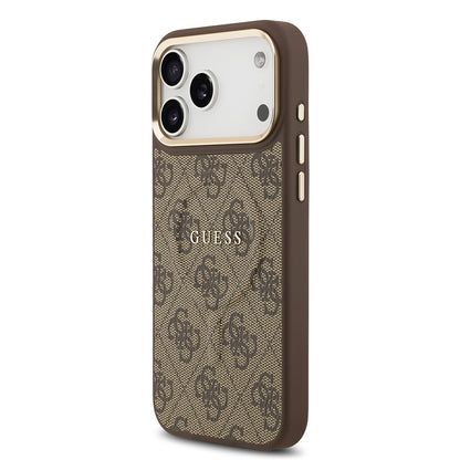 Apple iPhone 17 Pro Max Kılıf Guess Orjinal Lisanslı M-safe Şarj Özellikli Gold Metal Kamera Çerçeveli PU Deri 4G Desenli Yazı Logolu Kapak Siyah
