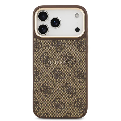 Apple iPhone 17 Pro Max Kılıf Guess Orjinal Lisanslı M-safe Şarj Özellikli Gold Metal Kamera Çerçeveli PU Deri 4G Desenli Yazı Logolu Kapak Siyah