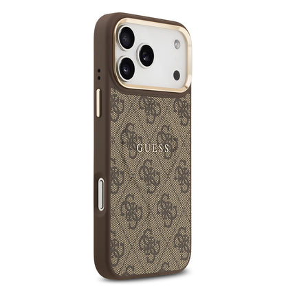 Apple iPhone 17 Pro Max Kılıf Guess Orjinal Lisanslı M-safe Şarj Özellikli Gold Metal Kamera Çerçeveli PU Deri 4G Desenli Yazı Logolu Kapak Siyah