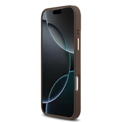 Apple iPhone 17 Pro Max Kılıf Guess Orjinal Lisanslı M-safe Şarj Özellikli Gold Metal Kamera Çerçeveli PU Deri 4G Desenli Yazı Logolu Kapak Siyah