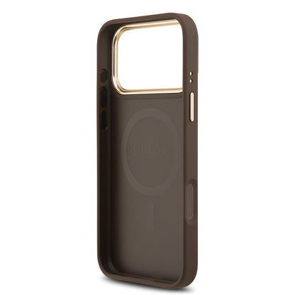 Apple iPhone 17 Pro Max Kılıf Guess Orjinal Lisanslı M-safe Şarj Özellikli Gold Metal Kamera Çerçeveli PU Deri 4G Desenli Yazı Logolu Kapak Siyah