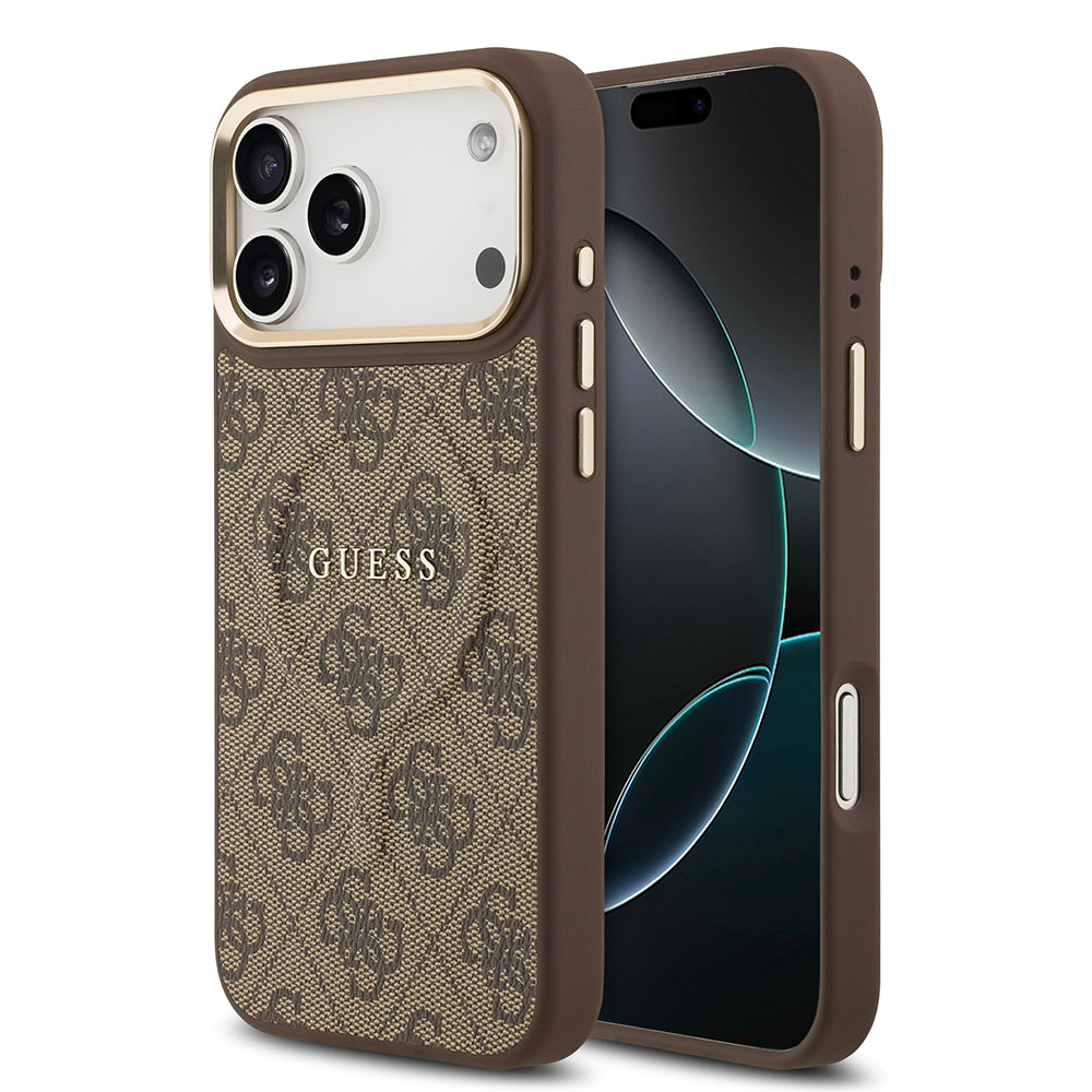 Apple iPhone 17 Pro Max Kılıf Guess Orjinal Lisanslı M-safe Şarj Özellikli Gold Metal Kamera Çerçeveli PU Deri 4G Desenli Yazı Logolu Kapak Siyah