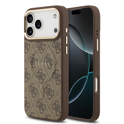 Apple iPhone 17 Pro Max Kılıf Guess Orjinal Lisanslı M-safe Şarj Özellikli Gold Metal Kamera Çerçeveli PU Deri 4G Desenli Yazı Logolu Kapak Siyah