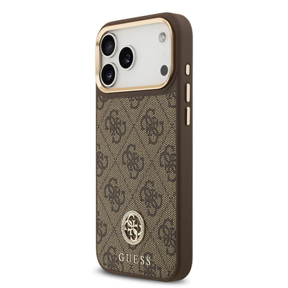 Apple iPhone 17 Pro Max Kılıf Guess Orjinal Lisanslı M-safe Şarj Özellikli Gold Metal Kamera Çerçeveli Taşlı 4G Logolu Kapak Siyah