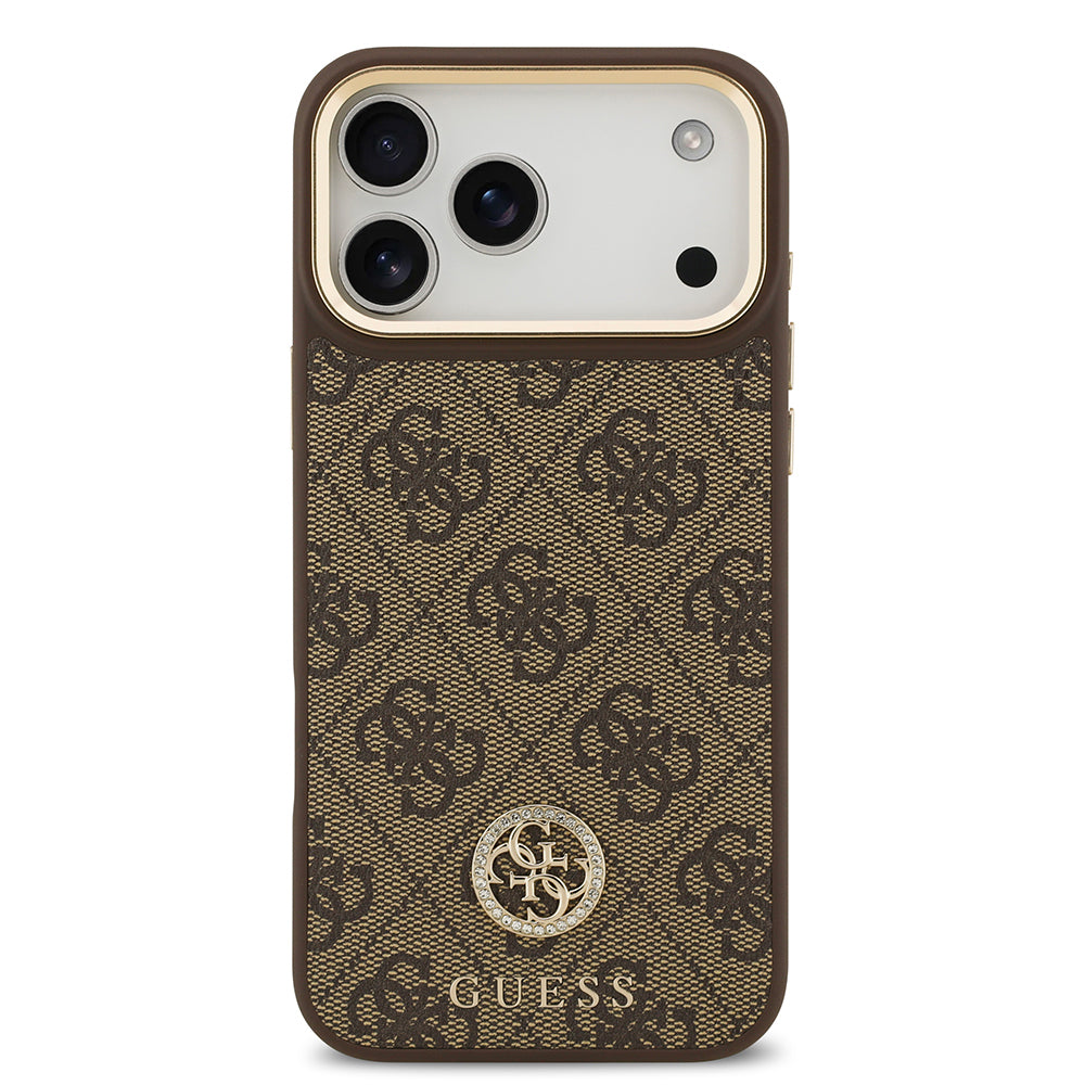 Apple iPhone 17 Pro Max Kılıf Guess Orjinal Lisanslı M-safe Şarj Özellikli Gold Metal Kamera Çerçeveli Taşlı 4G Logolu Kapak Siyah