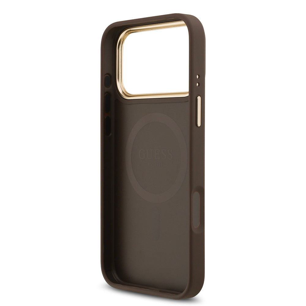 Apple iPhone 17 Pro Max Kılıf Guess Orjinal Lisanslı M-safe Şarj Özellikli Gold Metal Kamera Çerçeveli Taşlı 4G Logolu Kapak Siyah