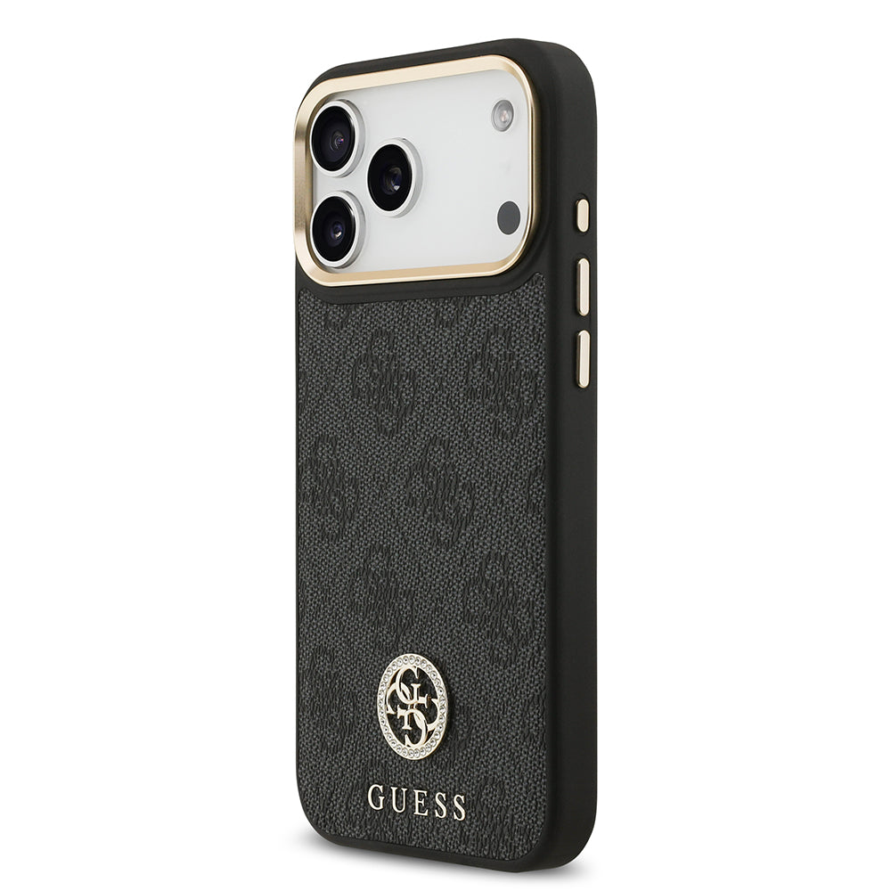 Apple iPhone 17 Pro Max Kılıf Guess Orjinal Lisanslı M-safe Şarj Özellikli Gold Metal Kamera Çerçeveli Taşlı 4G Logolu Kapak Siyah