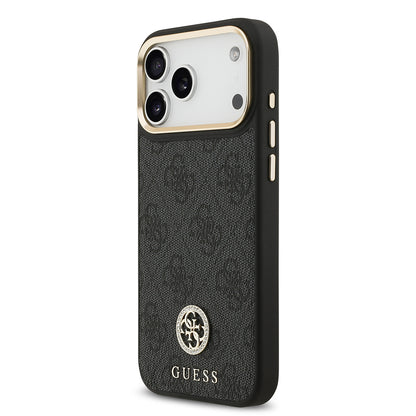 Apple iPhone 17 Pro Max Kılıf Guess Orjinal Lisanslı M-safe Şarj Özellikli Gold Metal Kamera Çerçeveli Taşlı 4G Logolu Kapak Siyah